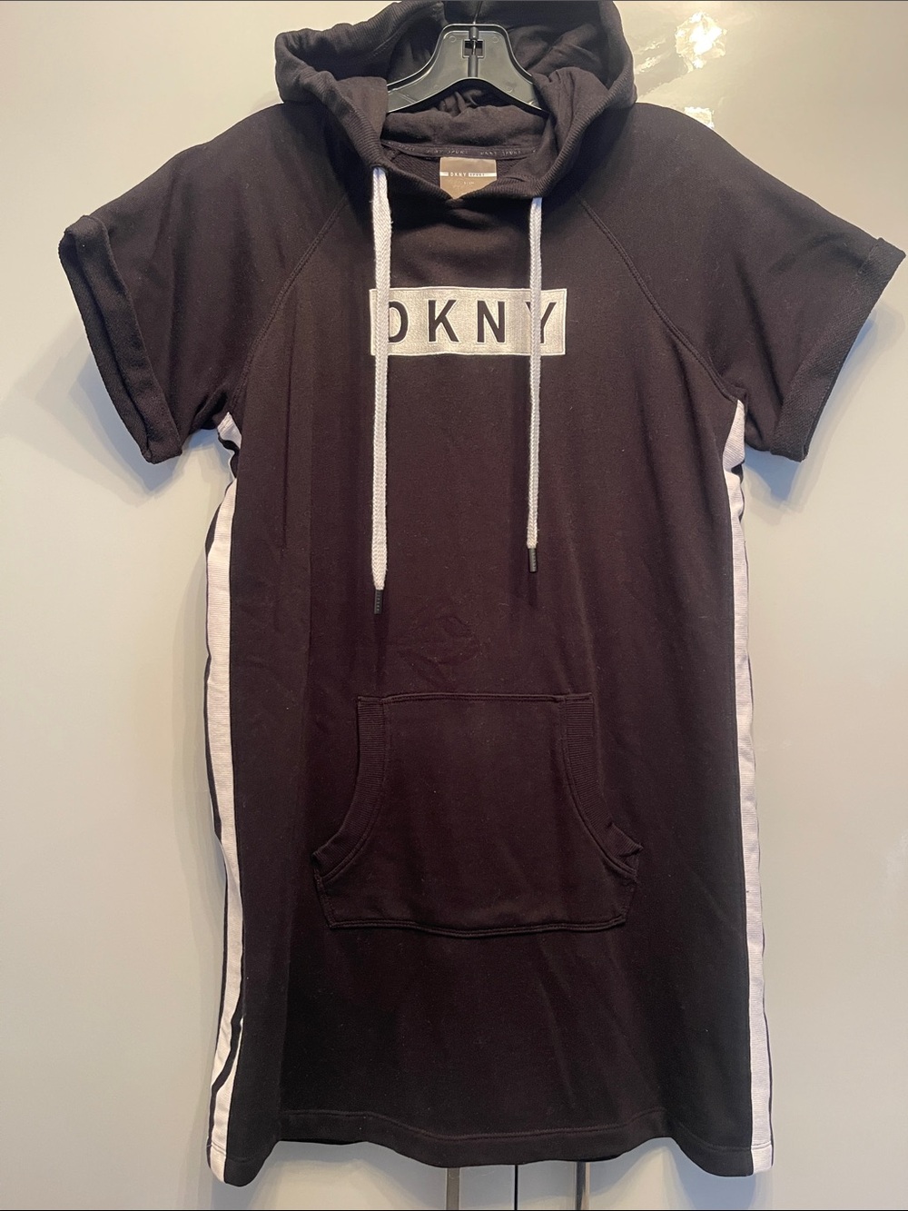 DKNY Black Short-Sleeve Hoodie Dress with White Side Stripes